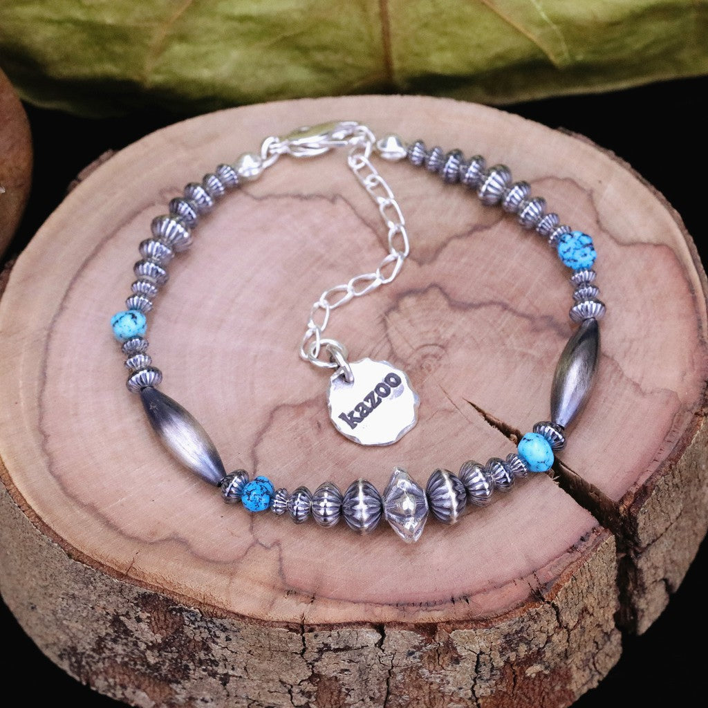 【Silver Monsters】日本手作Kazoo 美產Kingman松石/銀管銀貝 可調節長度手鍊