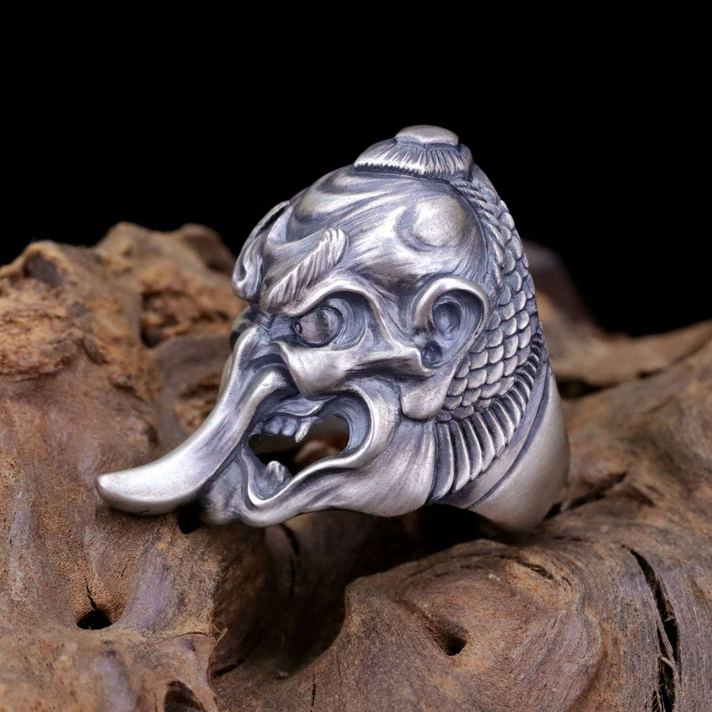 【Silver Monsters】日本雕畫雙絕 Dual Flow 細緻雕工 "天狗" 手作啞光霧面純銀戒指