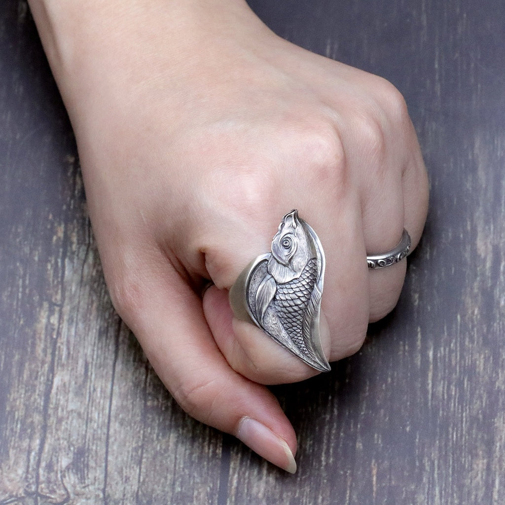 日本雕畫雙絕 Dual Flow 鯉魚躍龍門 -鯉- 杉山手工 純銀戒指