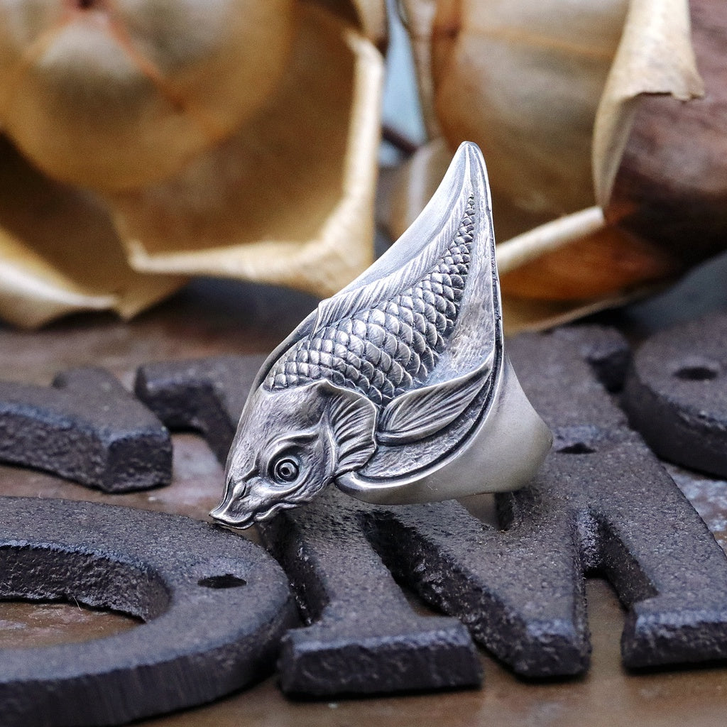 日本雕畫雙絕 Dual Flow 鯉魚躍龍門 -鯉- 杉山手工 純銀戒指