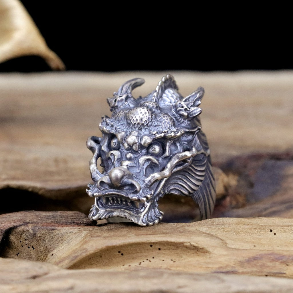 【Silver Monsters】日本雕畫雙絕 Dual Flow 細緻雕工 闊口怒目 "神龍" 純銀戒指