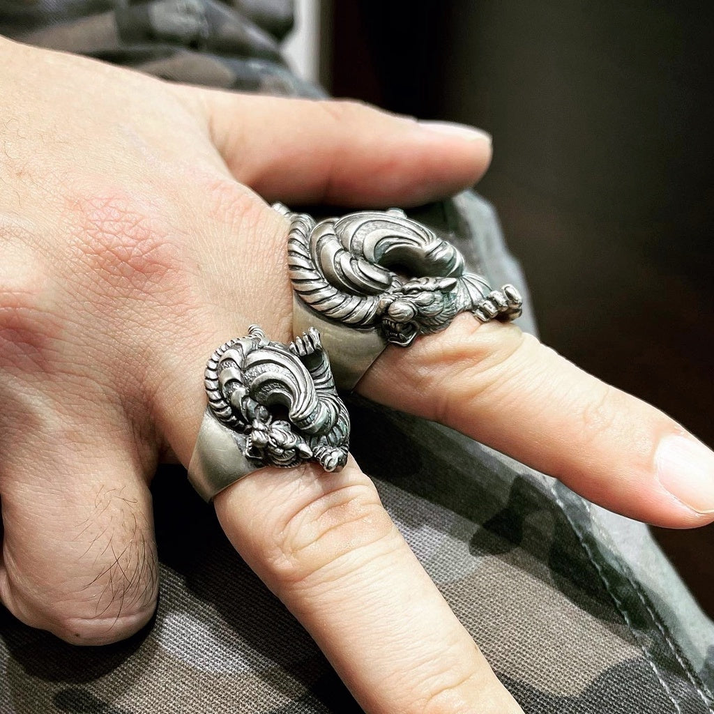 【Silver Monsters】日本雕畫雙絕 Dual Flow 手工銀飾 金虎年氣勢如虹 渦流盤虎戒指 S