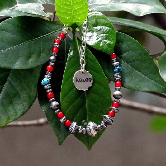 【Silver Monsters】日本手作Kazoo 美國kingman松石/做舊銀貝銀珠 復古琉璃紅珠 手鍊