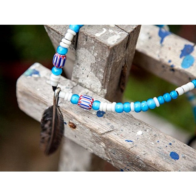 【Silver Monsters】日本Mt.hill 原民風古董白芯老珠大銀羽【水藍】項鍊