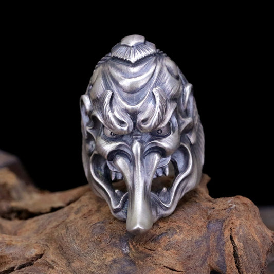 【Silver Monsters】日本雕畫雙絕 Dual Flow 細緻雕工 "天狗" 手作啞光霧面純銀戒指
