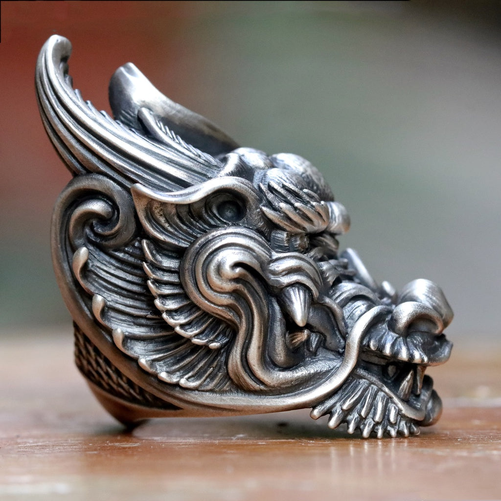 【展示品出清】日本雕畫雙絕 Dual Flow 細緻雕工 經典傳統盤龍 純銀神龍戒