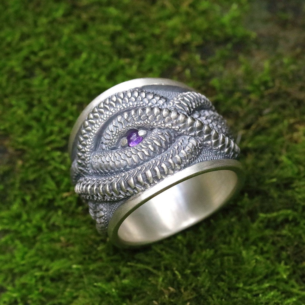 【Silver Monsters】日本雕畫雙絕 Dual Flow 銜尾蛇原創 超越Beyond 純銀紫晶戒指