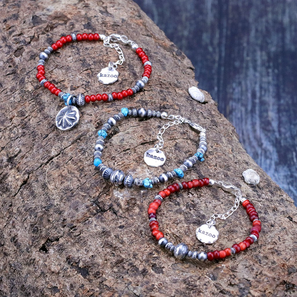 【Silver Monsters】日本手作Kazoo 印第安打印做舊銀珠/琉璃紅珠復古手鍊