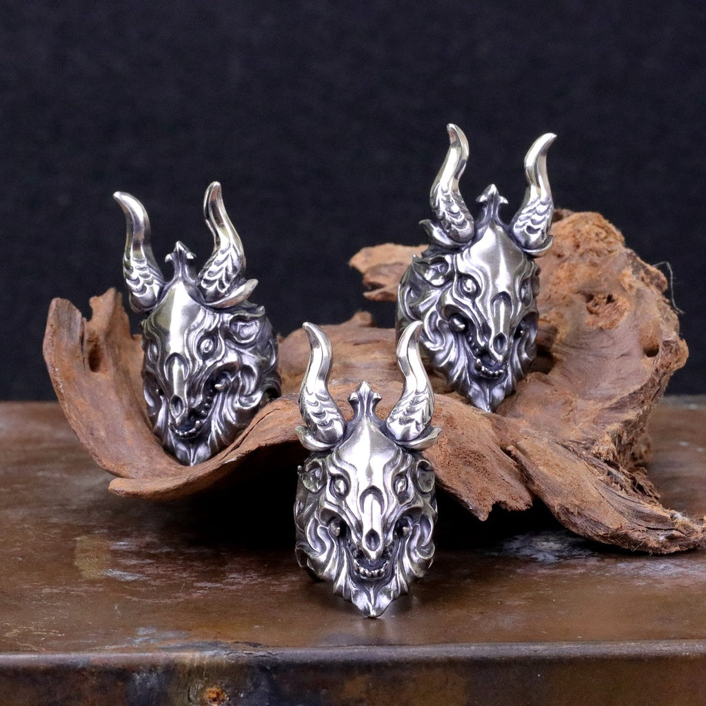 【Silver Monsters】日本前衛宗師 Glam Scale 機甲王 惡魔羊角骷髏 純銀戒指