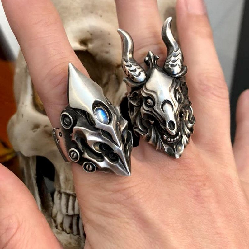 【Silver Monsters】日本前衛宗師 Glam Scale 機甲王 惡魔羊角骷髏 純銀戒指