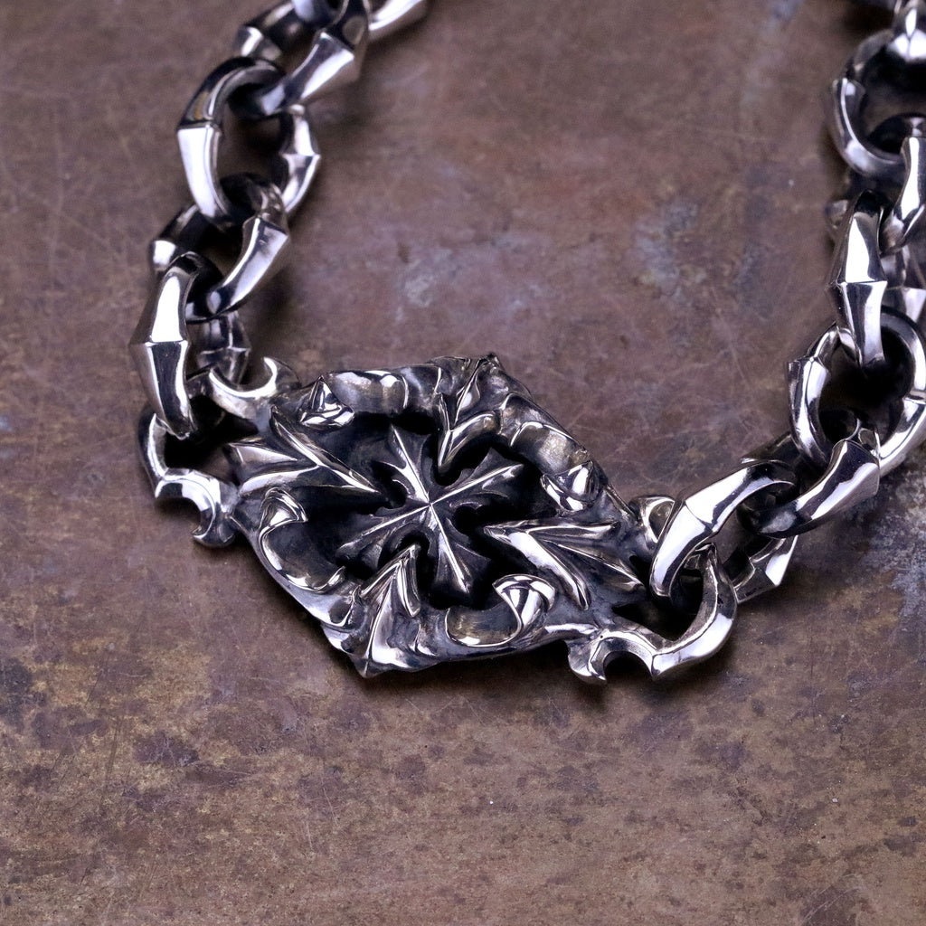 【Silver Monsters】日本一級神牌 Loud Style Design 鐵十字內鑲嵌哥德雕花 純銀手鍊