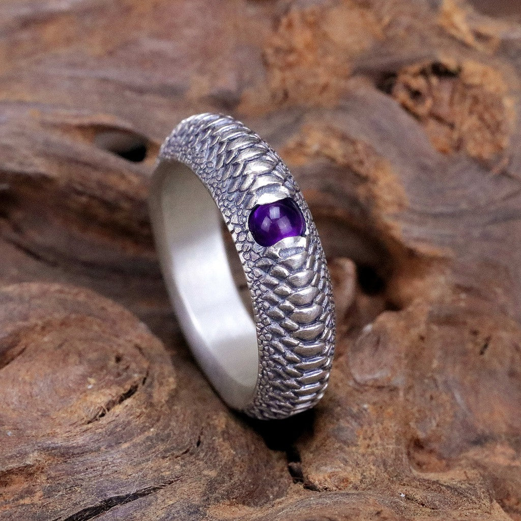 【Silver Monsters】日本雕畫雙絕Dual Flow 細緻雕工 銜尾蛇系列 紫月蛇鱗 紫水晶純銀戒指
