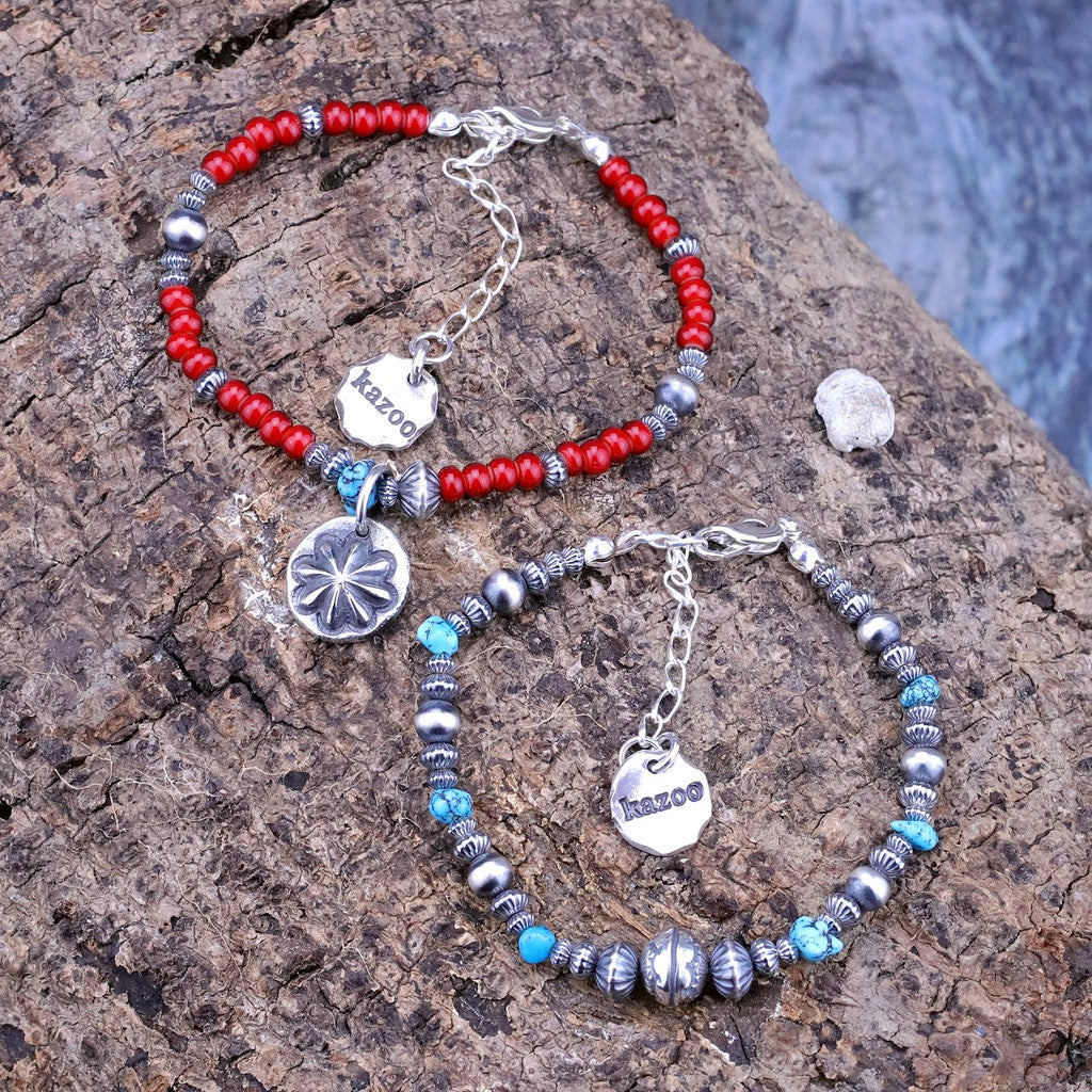 【Silver Monsters】日本手作Kazoo 美kingman松石/琉璃紅珠/打印做舊銀珠復古手鍊