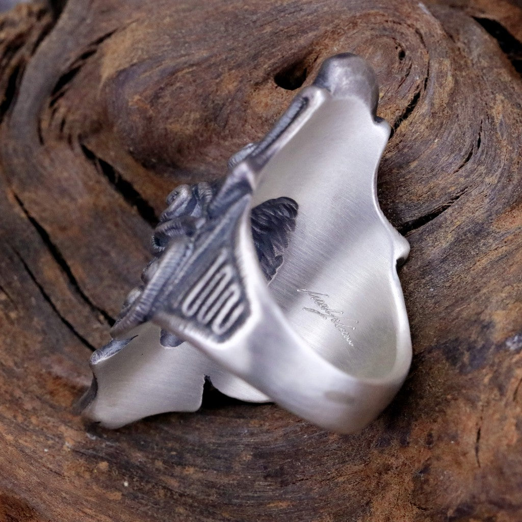 【Silver Monsters】日本雕畫雙絕 Dual Flow 細緻雕工 "繩紋骷髏" 手作霧面純銀戒指