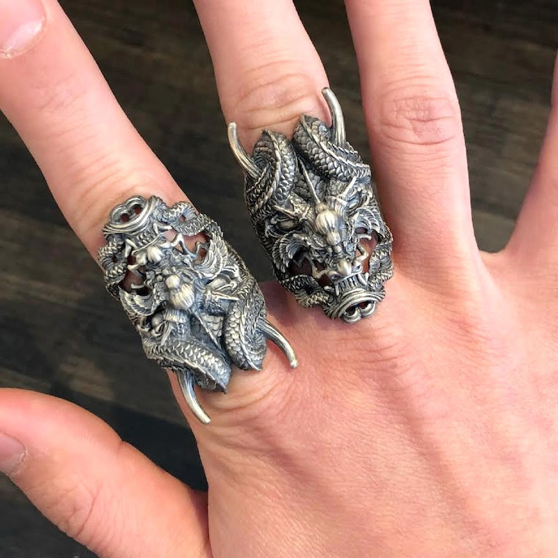 【Silver Monsters】日本雕畫雙絕 Dual Flow 細緻雕工 龍蟠般若 龍鬼 原創設計純銀戒指