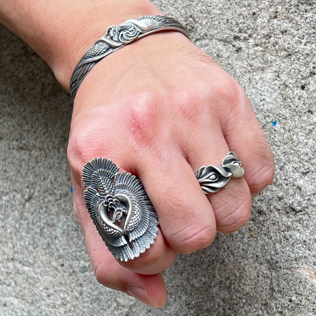 【Silver Monsters】日本雕畫雙絕 Dual Flow 原創設計 展翼鳳凰 手作純銀戒指 銀飾