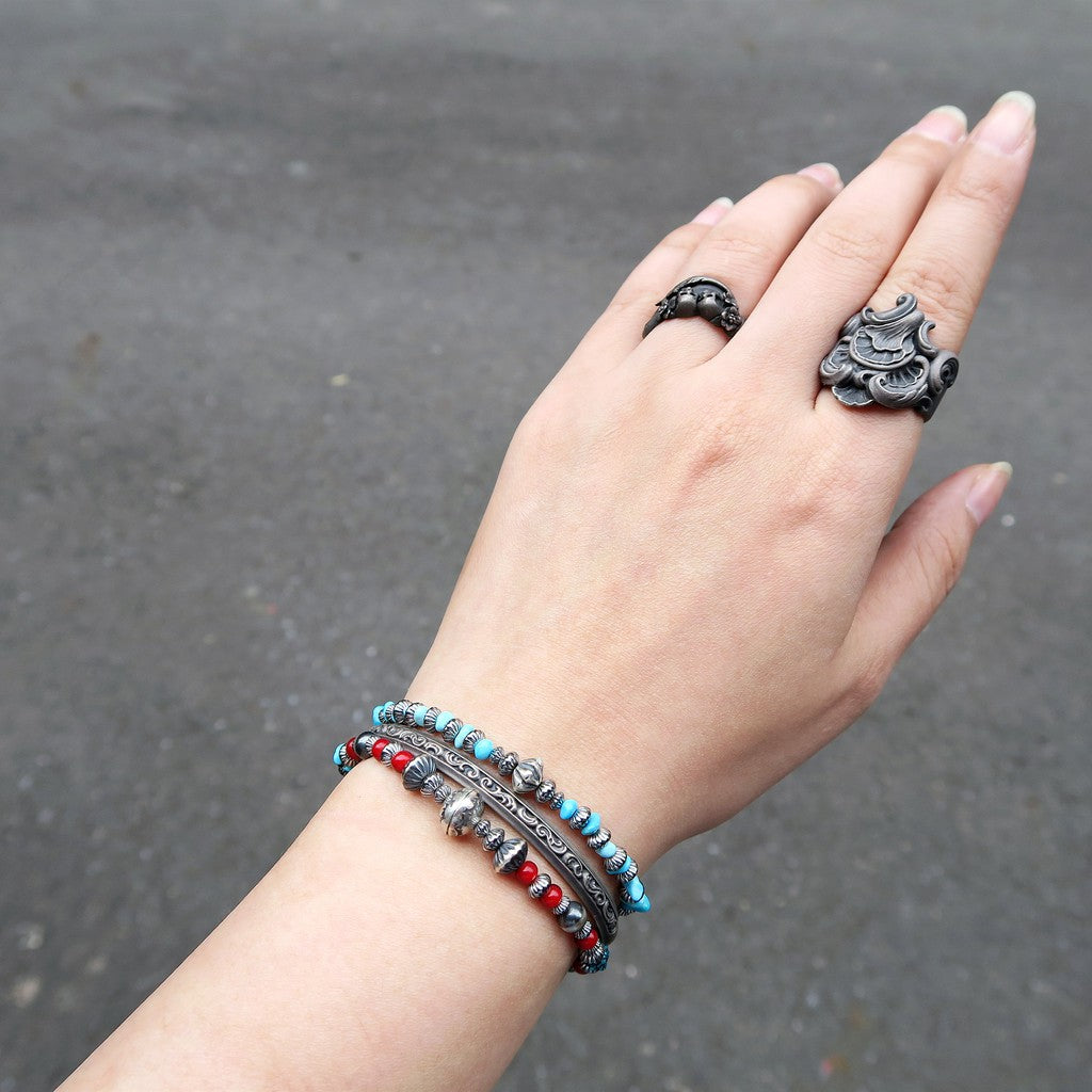 【Silver Monsters】日本手作Kazoo 美國kingman松石/做舊銀貝銀珠 復古琉璃紅珠 手鍊