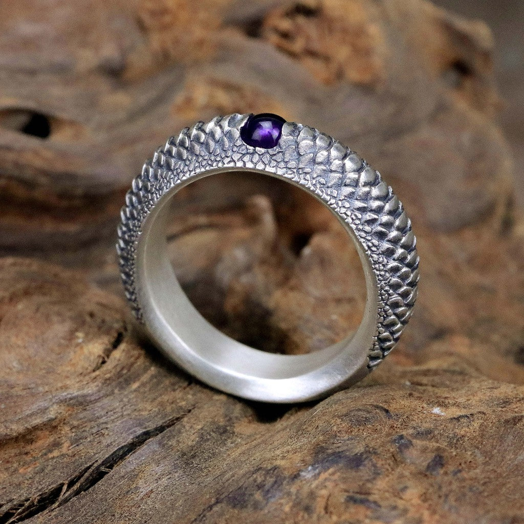 【Silver Monsters】日本雕畫雙絕Dual Flow 細緻雕工 銜尾蛇系列 紫月蛇鱗 紫水晶純銀戒指
