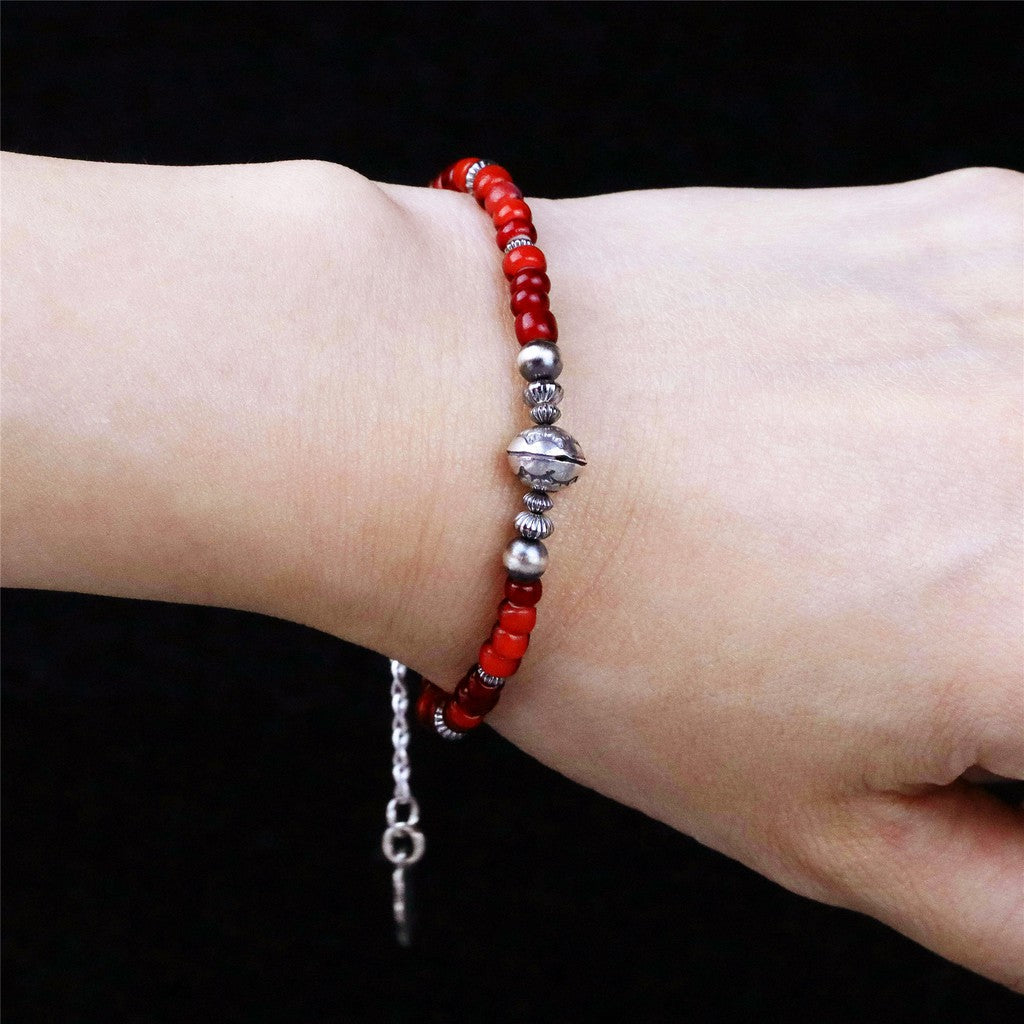 【Silver Monsters】日本手作Kazoo 印第安打印做舊銀珠/琉璃紅珠復古手鍊