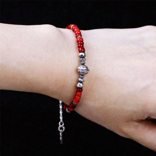 【Silver Monsters】日本手作Kazoo 印第安打印做舊銀珠/琉璃紅珠復古手鍊