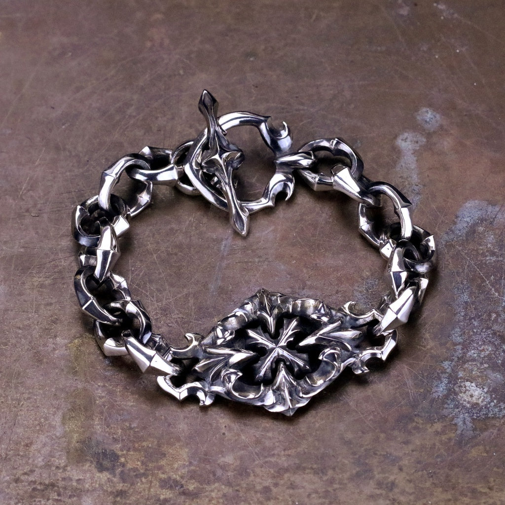 【Silver Monsters】日本一級神牌 Loud Style Design 鐵十字內鑲嵌哥德雕花 純銀手鍊