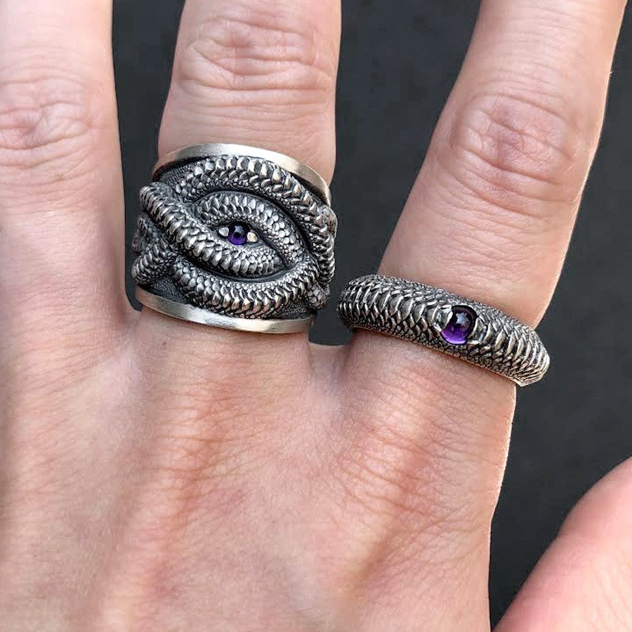 【Silver Monsters】日本雕畫雙絕 Dual Flow 銜尾蛇原創 超越Beyond 純銀紫晶戒指