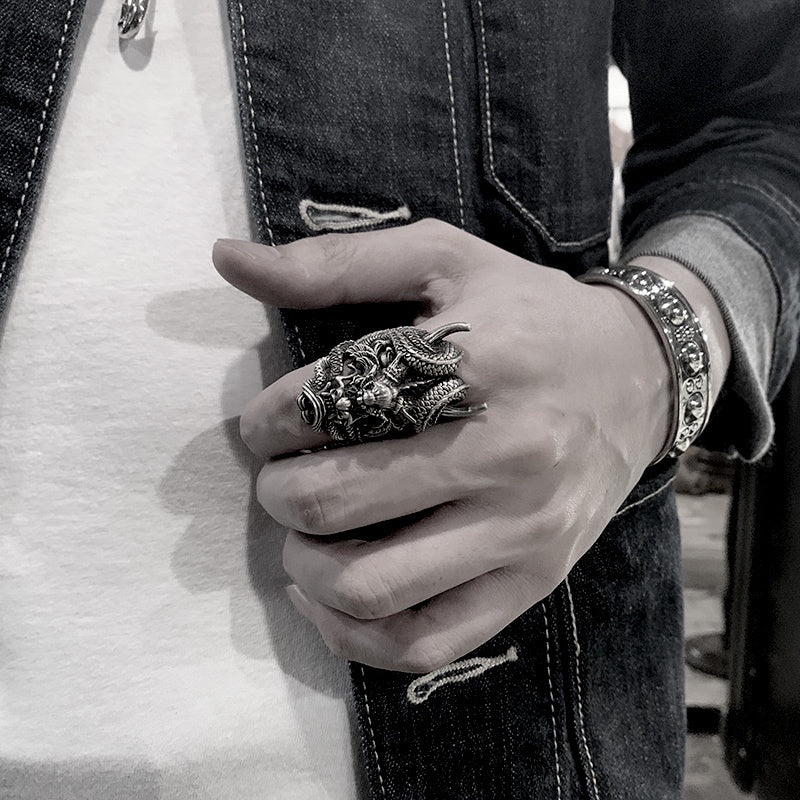 【Silver Monsters】日本雕畫雙絕 Dual Flow 細緻雕工 龍蟠般若 龍鬼 原創設計純銀戒指