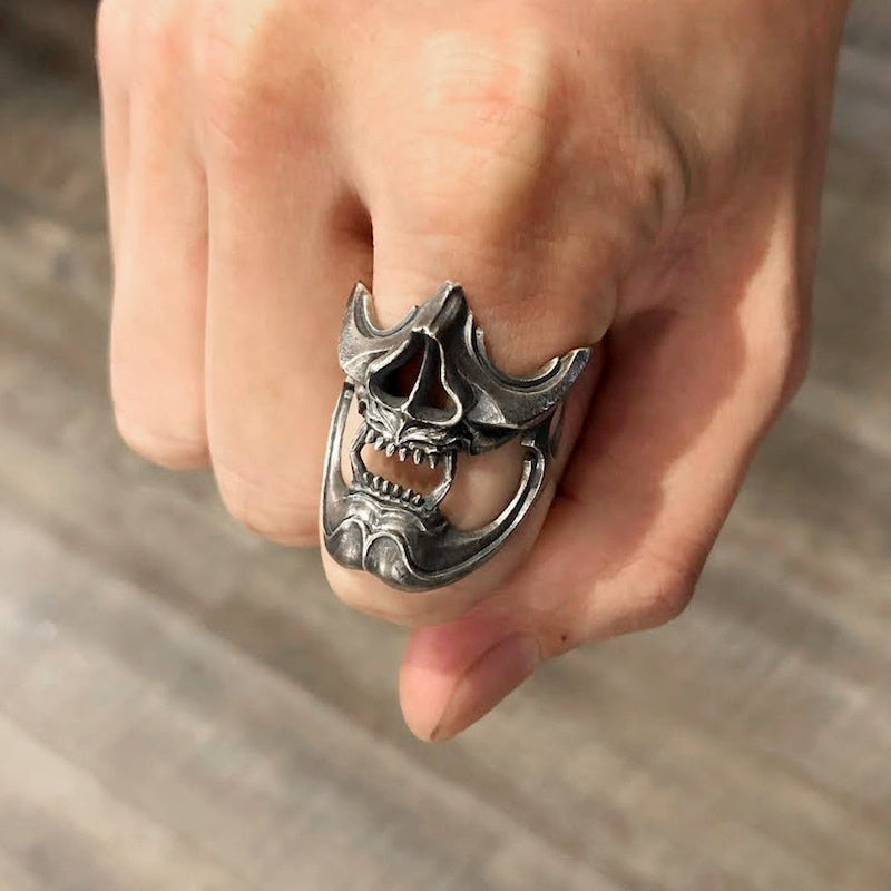 【Silver Monsters】日本雕畫雙絕 Dual Flow 細緻雕工 武士般若面具 純銀原創戒指