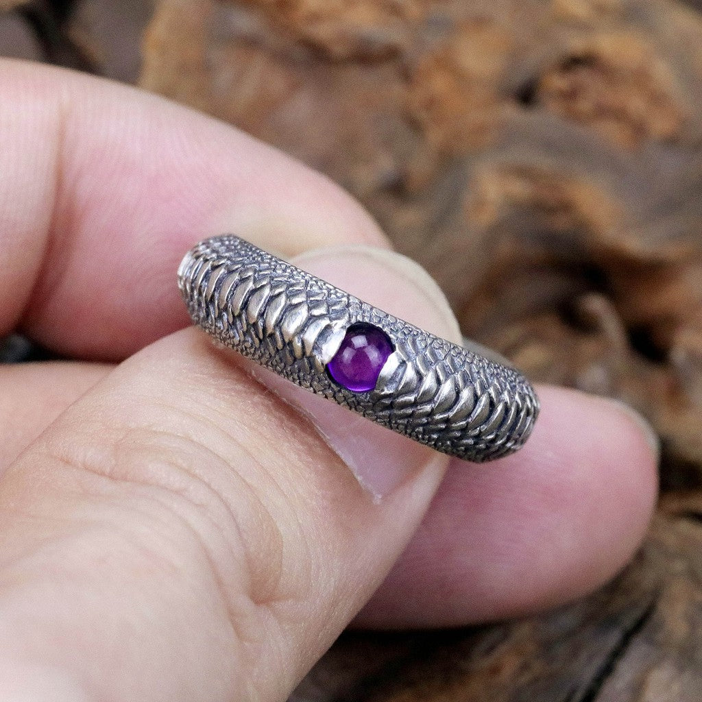 【Silver Monsters】日本雕畫雙絕Dual Flow 細緻雕工 銜尾蛇系列 紫月蛇鱗 紫水晶純銀戒指