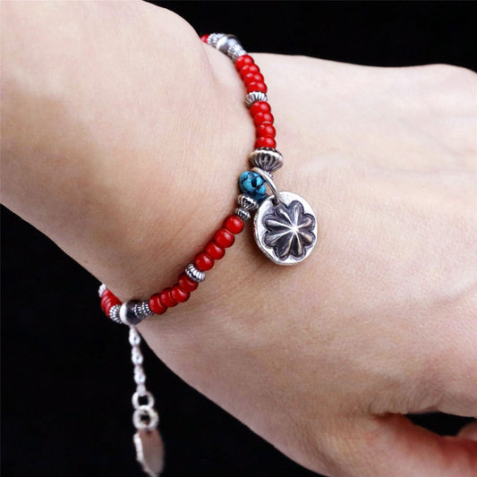 【Silver Monsters】日本手作Kazoo 美kingman松石/琉璃紅珠/打印做舊銀珠復古手鍊