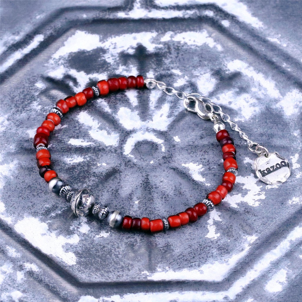 【Silver Monsters】日本手作Kazoo 印第安打印做舊銀珠/琉璃紅珠復古手鍊
