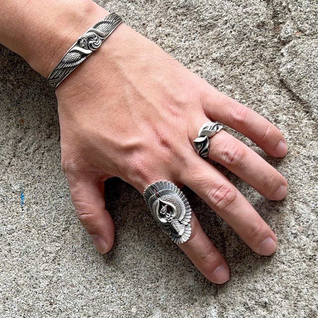 【Silver Monsters】日本雕畫雙絕 Dual Flow 原創設計 展翼鳳凰 手作純銀戒指 銀飾