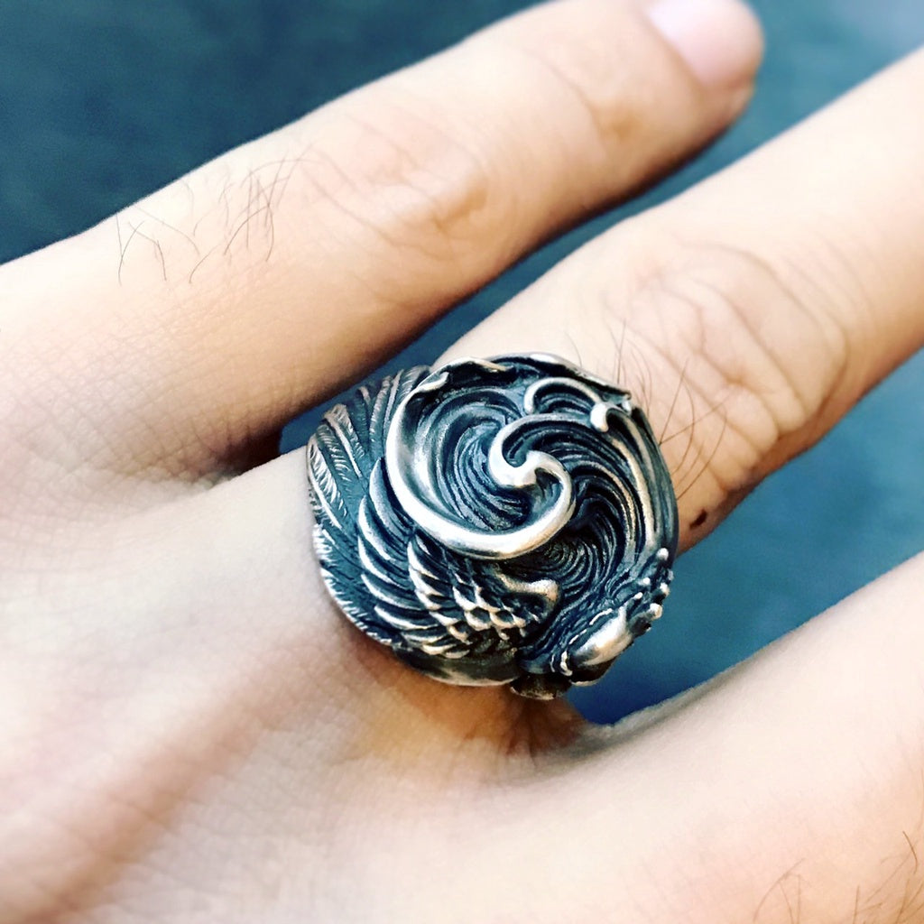 【Silver Monsters】日本雕畫雙絕 Dual Flow 細緻雕工 經典初代鳳凰 "輪迴" 純銀戒指