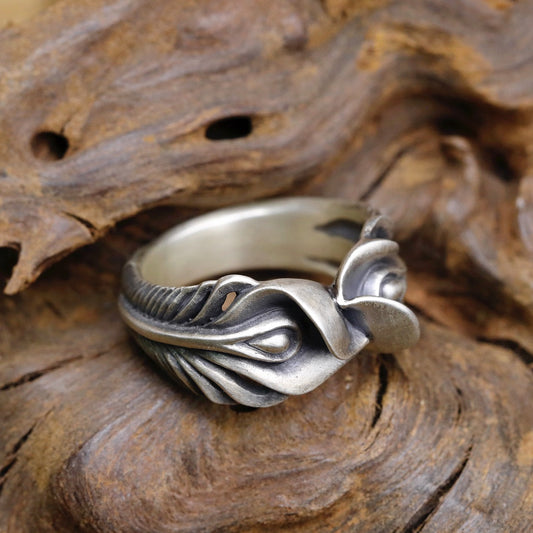 【Silver Monsters】日本雕畫雙絕 Dual Flow 原創設計 百搭手作 鳳凰翎羽 M 純銀戒指