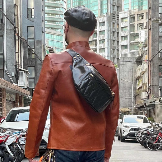 【Silver Monsters】日本大廠 Y'2 Leather 茶芯馬皮菱格紋 機車包 腰包 胸包