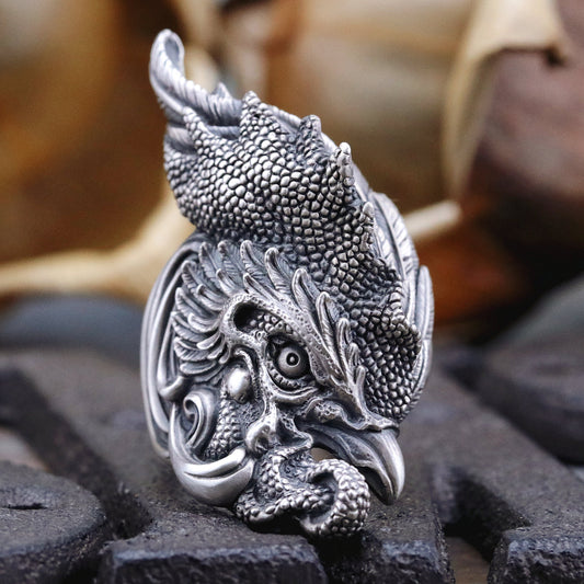 【Silver Monsters】日本雕畫雙絕 Dual Flow 鬥志昂揚 -翎羽公雞- 手作 純銀 戒指