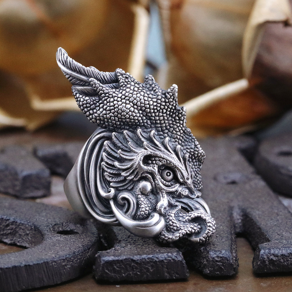 【Silver Monsters】日本雕畫雙絕 Dual Flow 鬥志昂揚 -翎羽公雞- 手作 純銀 戒指