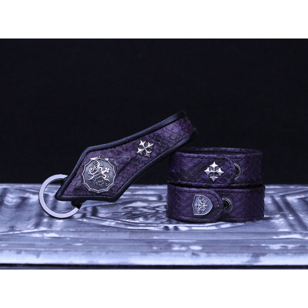 【Silver Monsters】日本SS天王級 Rizard Head 品牌盾徽925銀扣 消光紫蟒蛇皮鑰匙扣