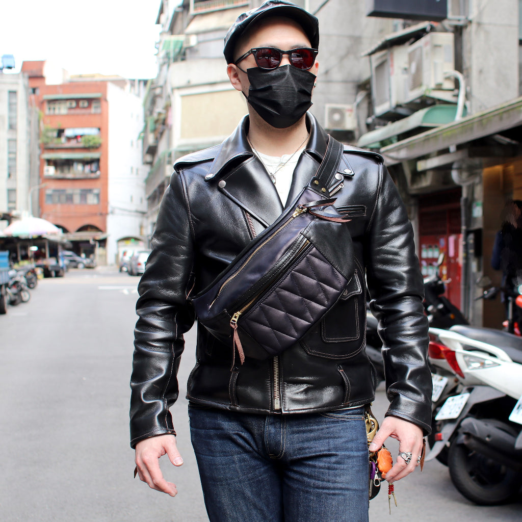 【Silver Monsters】日本大廠 Y'2 Leather 茶芯馬皮菱格紋 機車包 腰包 胸包