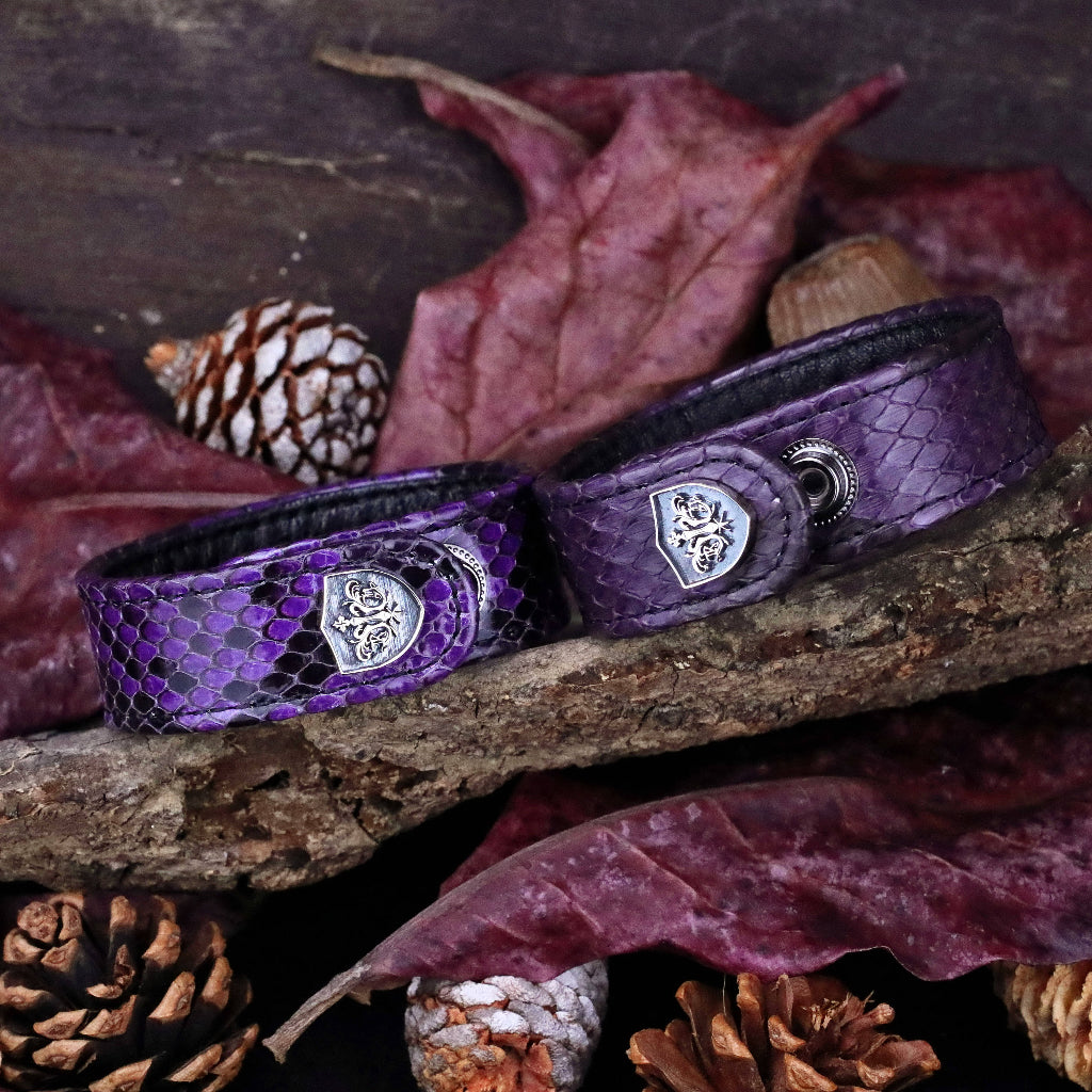 【Silver Monsters】日本殿堂級 Rizard Head 品牌盾徽925銀扣 亮紫蟒蛇皮手環