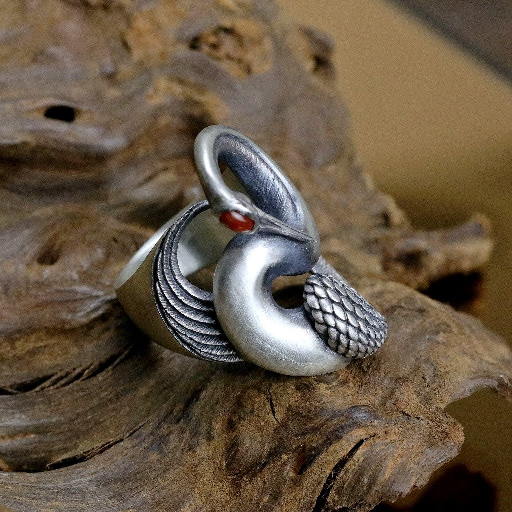 【Silver Monsters】日本雕畫雙絕 Dual Flow 原創手做 渦流丹頂鶴 925銀戒指