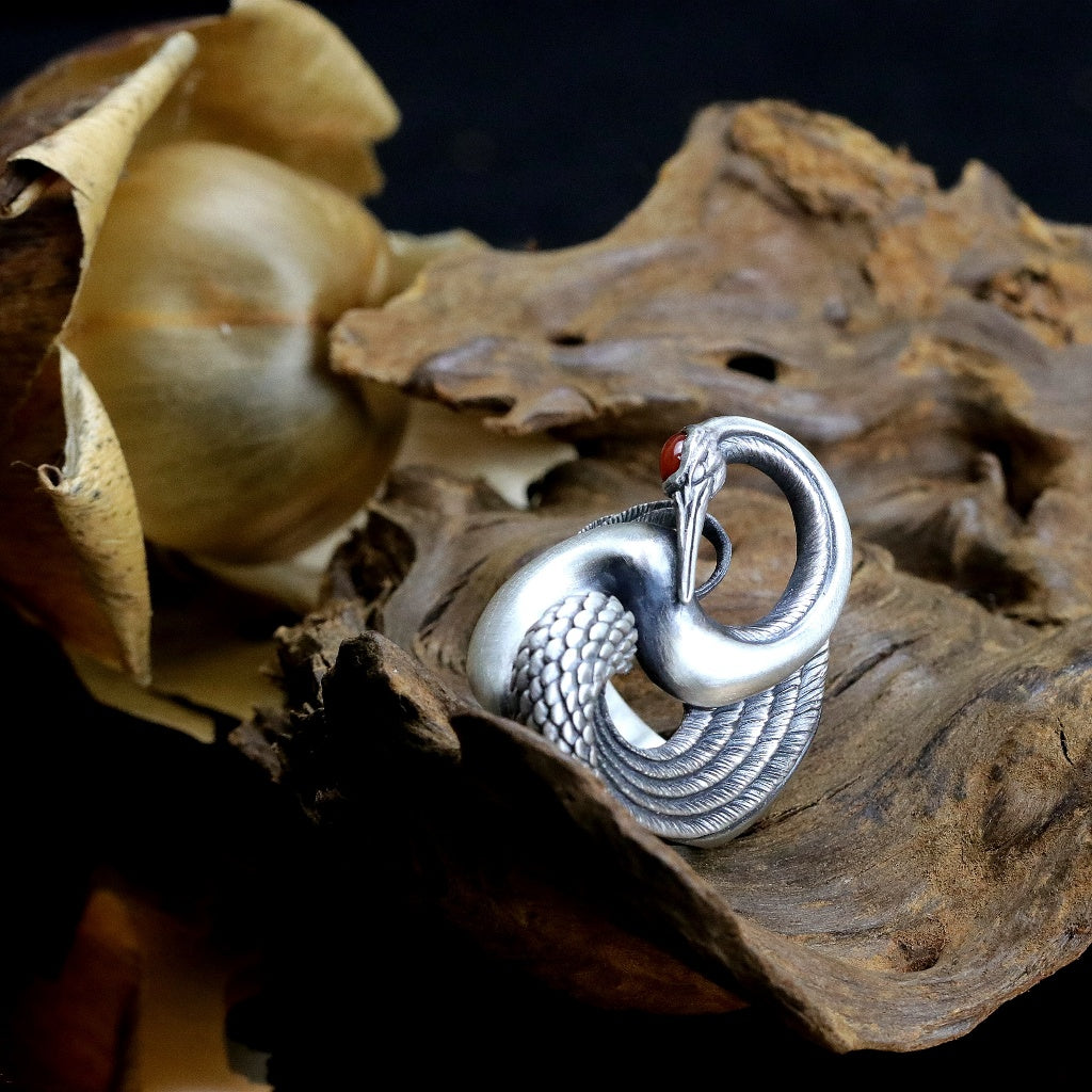 【Silver Monsters】日本雕畫雙絕 Dual Flow 原創手做 渦流丹頂鶴 925銀戒指