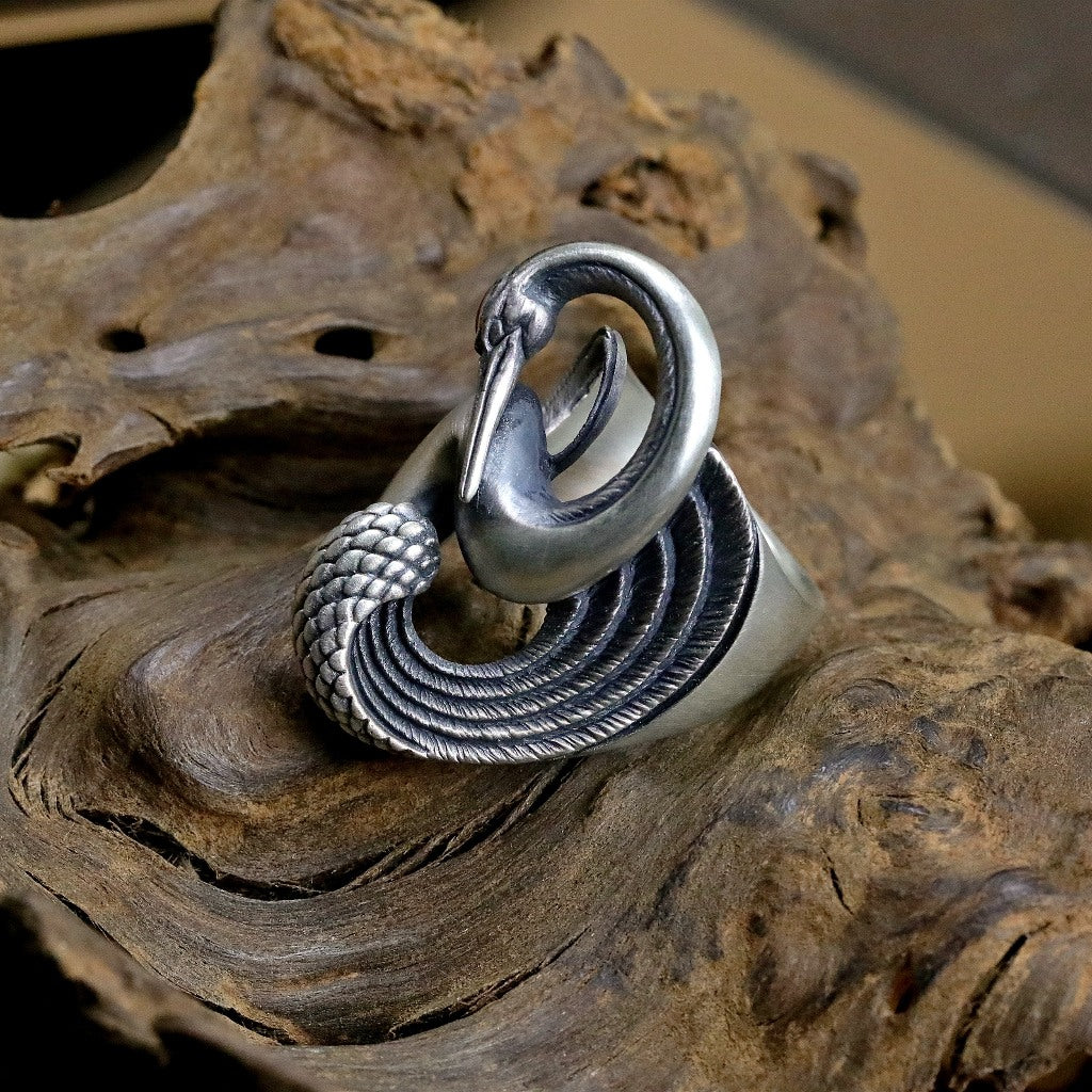 【Silver Monsters】日本雕畫雙絕 Dual Flow 原創手做 渦流丹頂鶴 925銀戒指