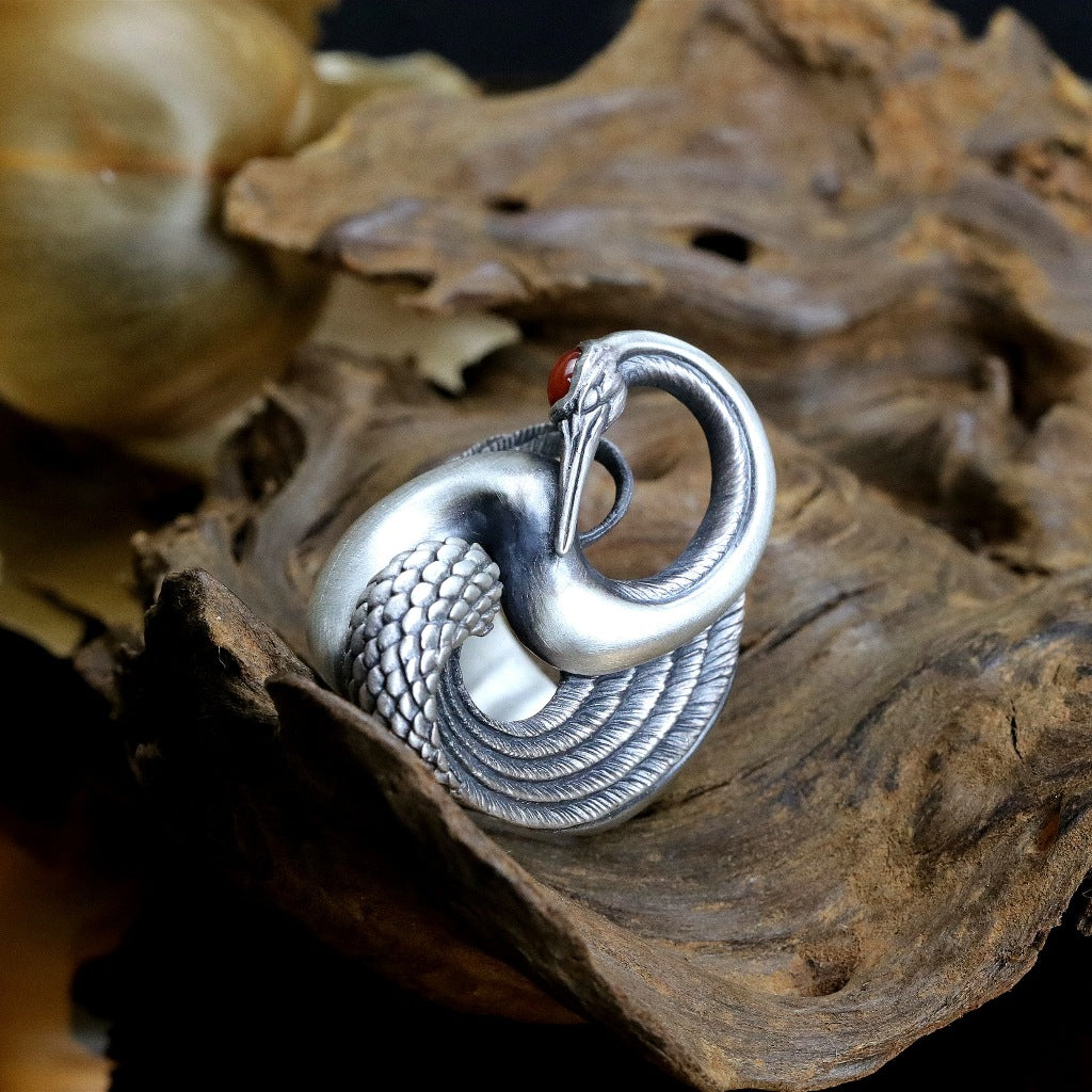 【Silver Monsters】日本雕畫雙絕 Dual Flow 原創手做 渦流丹頂鶴 925銀戒指