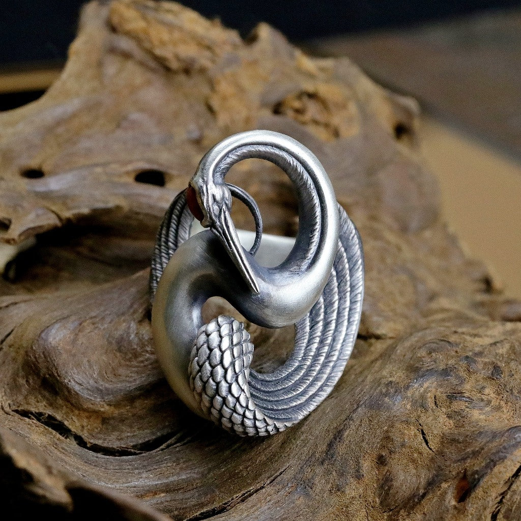 【Silver Monsters】日本雕畫雙絕 Dual Flow 原創手做 渦流丹頂鶴 925銀戒指