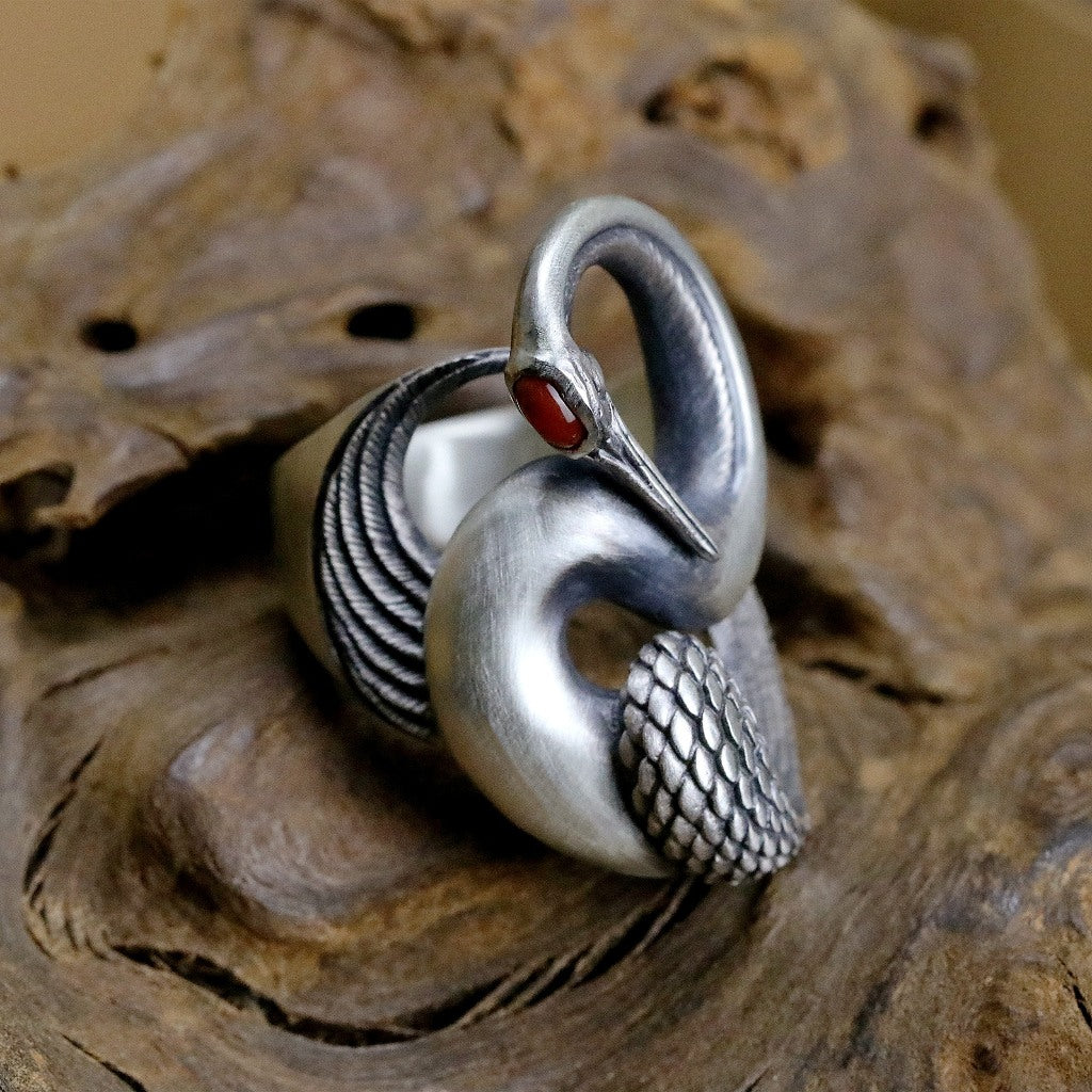 【Silver Monsters】日本雕畫雙絕 Dual Flow 原創手做 渦流丹頂鶴 925銀戒指