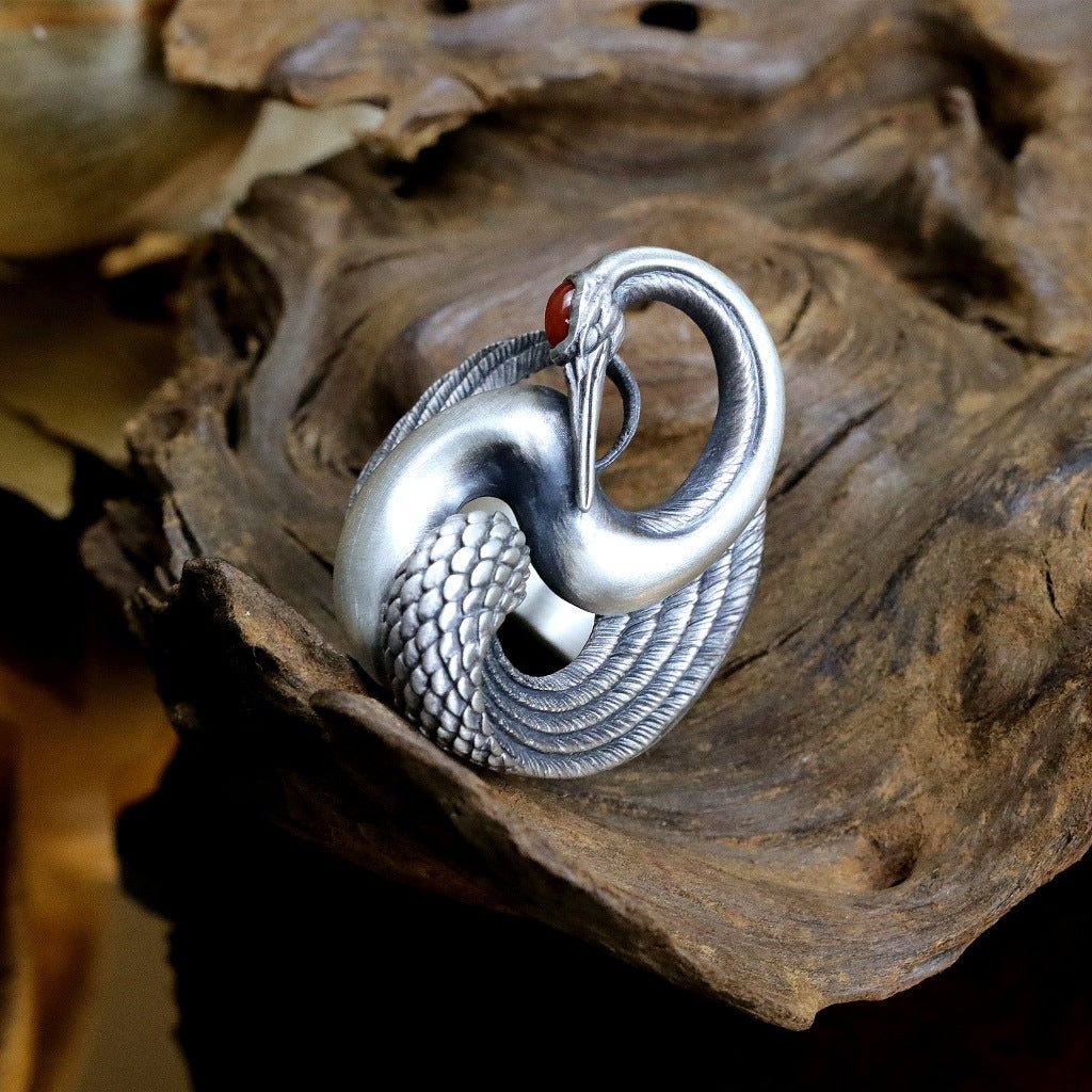 【Silver Monsters】日本雕畫雙絕 Dual Flow 原創手做 渦流丹頂鶴 925銀戒指