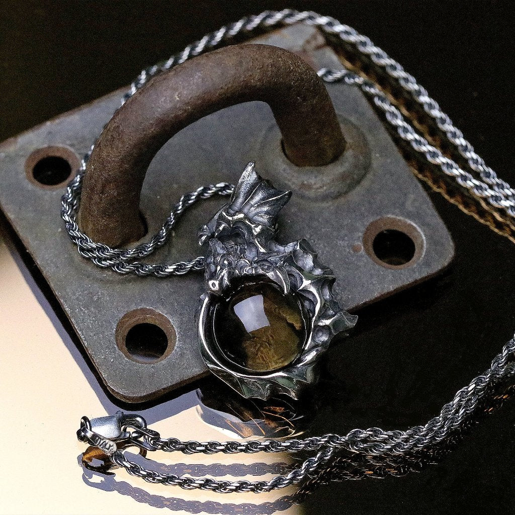 【Silver Monsters】日本Glam Scale 機甲王 原創設計 手工做舊飛龍煙晶 純銀項鍊