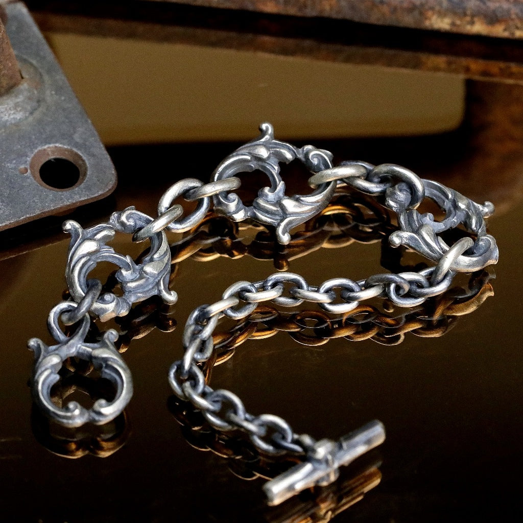 【Silver Monsters】日本一級神牌 Loud Style Design 原創手工作舊 半雕花T字 純銀手鍊