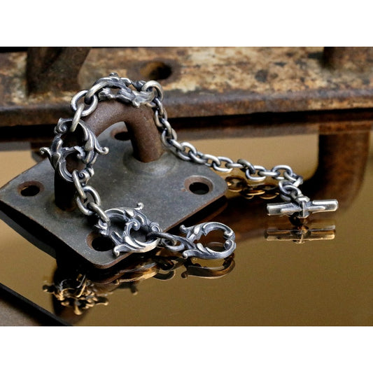 【Silver Monsters】日本一級神牌 Loud Style Design 原創手工作舊 半雕花T字 純銀手鍊